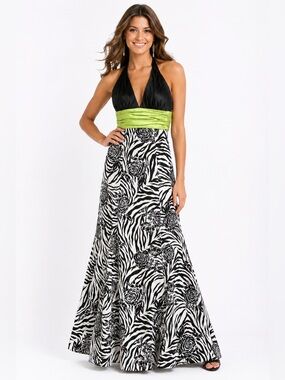 NWT DJ Jaz Halter Maxi Gown Sz 4 | Zebra Print Floral Formal Dress Black White